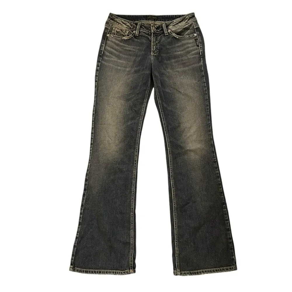 Silver Jeans Womens 28 (29x33) Suki Bootcut Embroidered Stretch Dark Wash Denim